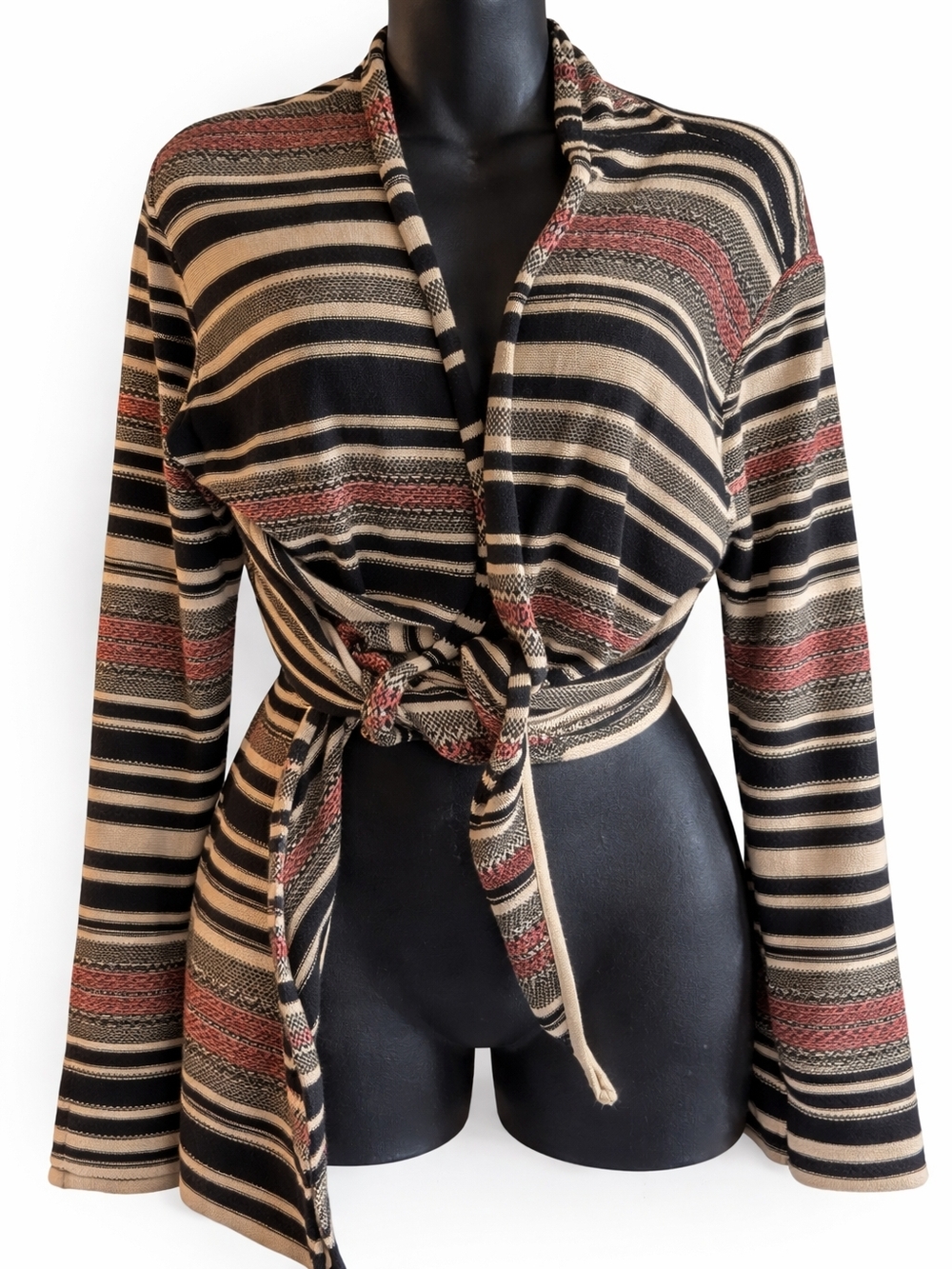 Chaps Denim Striped Tie Front Cardigan Size Large 100% Cotton Boho